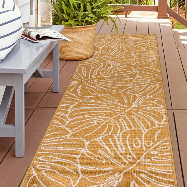 World Rug Gallery Contemporary Tropical Leaves Weather Resistant Indoor/Outdoor Runner Rug 2' x 7' Yellow 4031YELLOW2X7 - main